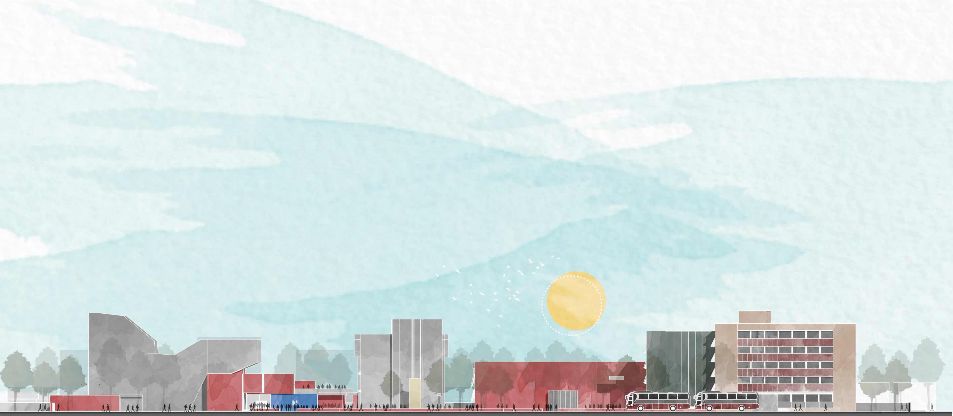 Section through the BUET campus, illustrated by Pigment Design Inc.