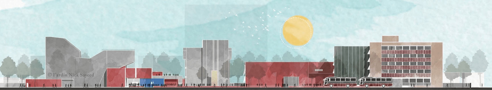 Section through the BUET campus along BUET Central Road, drawing by Fardin Nick Sayeed