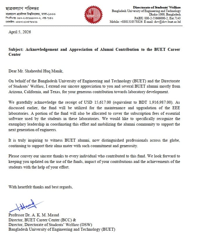 Acknowledgement and Appreciation of Alumni Contribution to the BUET Career Center
